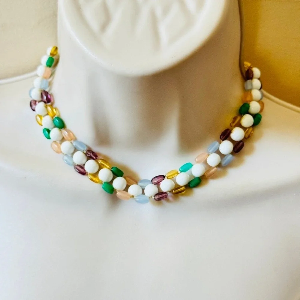 Vtg Milk Glass Flapper Necklace Colorful Pastel Venetian Art Deco 20s Italy 15